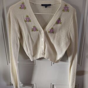 Spring Cream Cardigan with Purple Floral Embroidery
